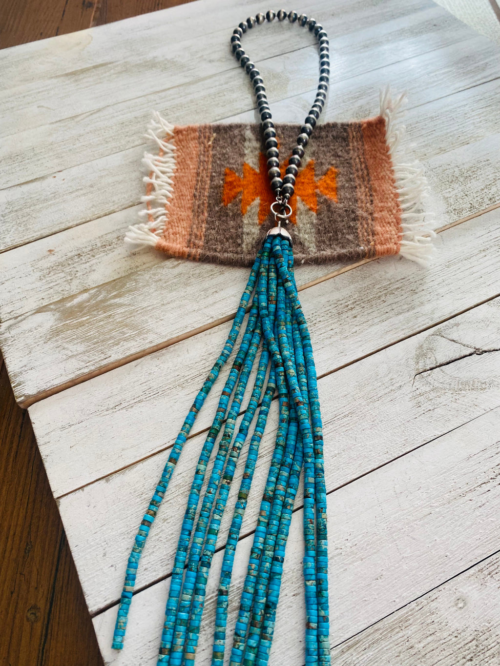 Handcrafted Turquoise & Sterling Silver Pearl Beaded Tassel Necklace