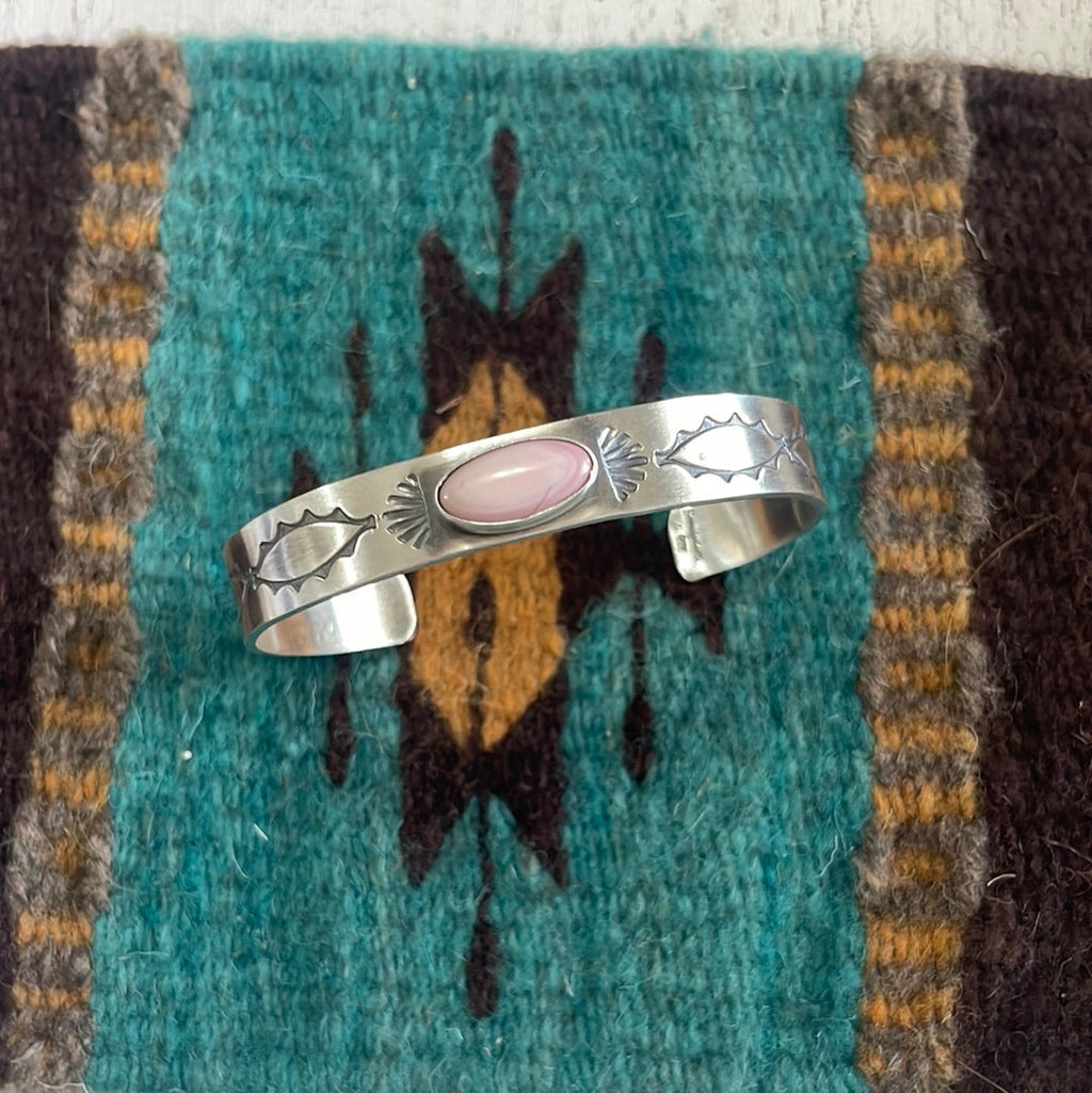 Pink Conch & Sterling Silver Adjustable Cuff Bracelet Signed