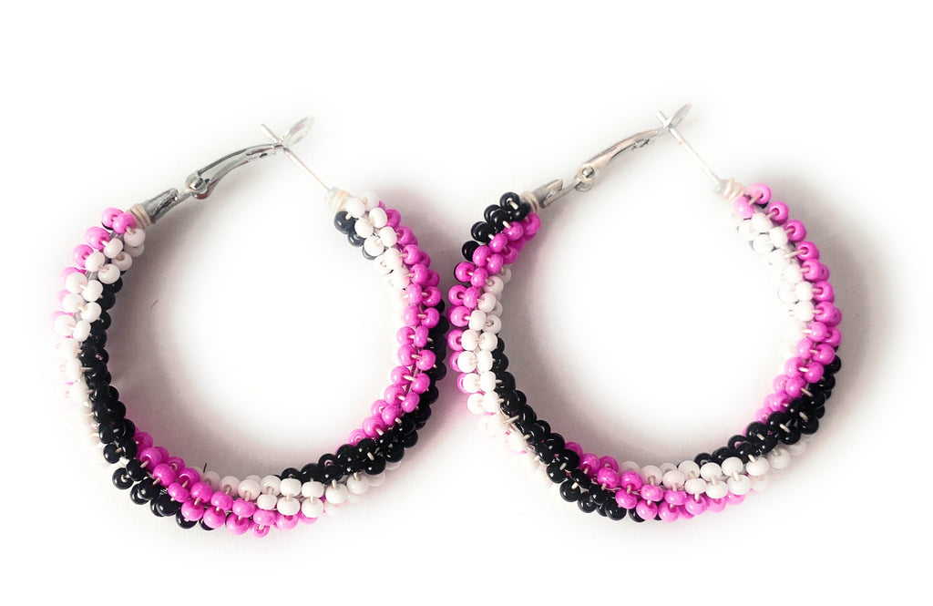 Handcrafted Handmade Beaded Hoop Earrings- pink, black
