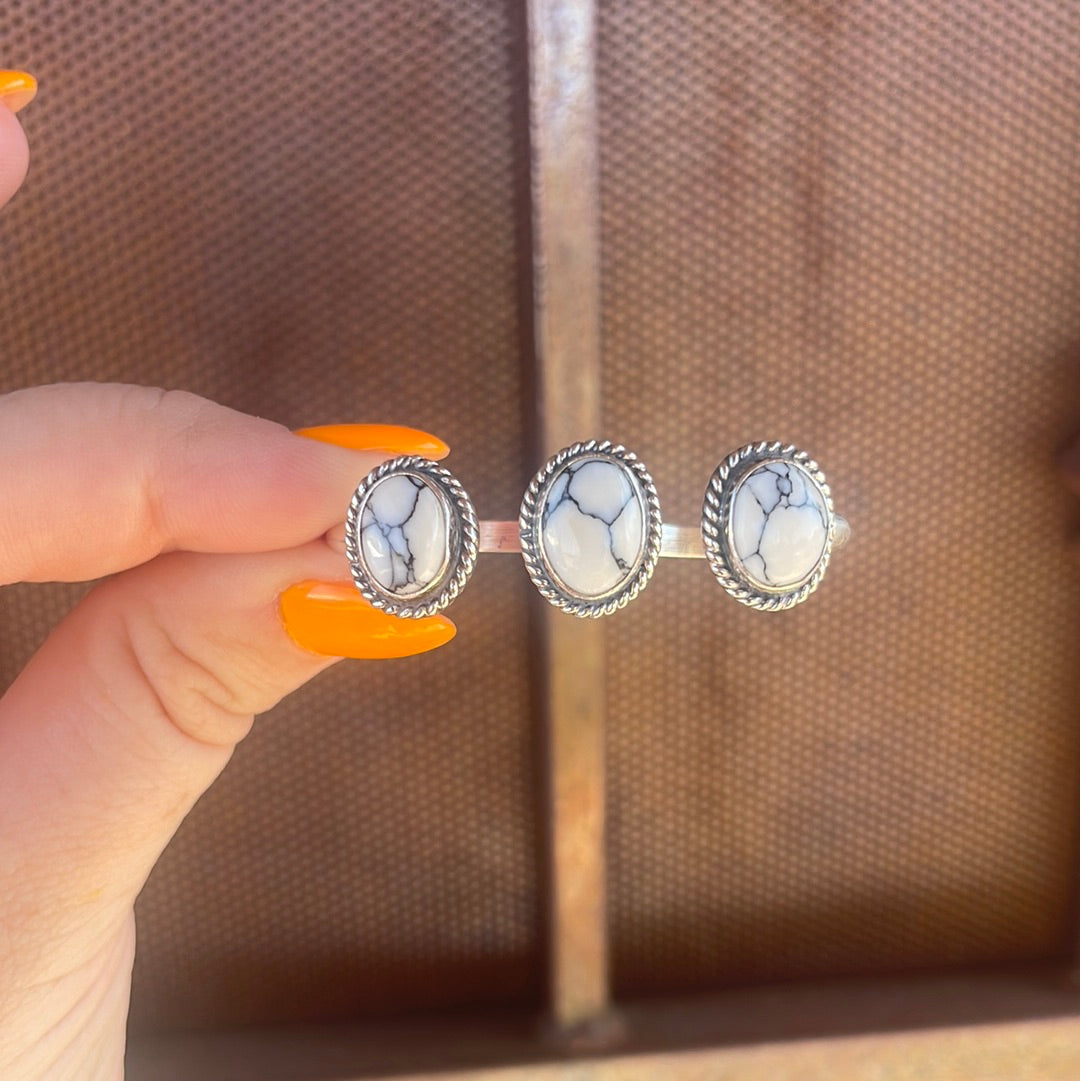 Handcrafted Sterling Silver White Buffalo Adjustable Triple Threat Ring Signed