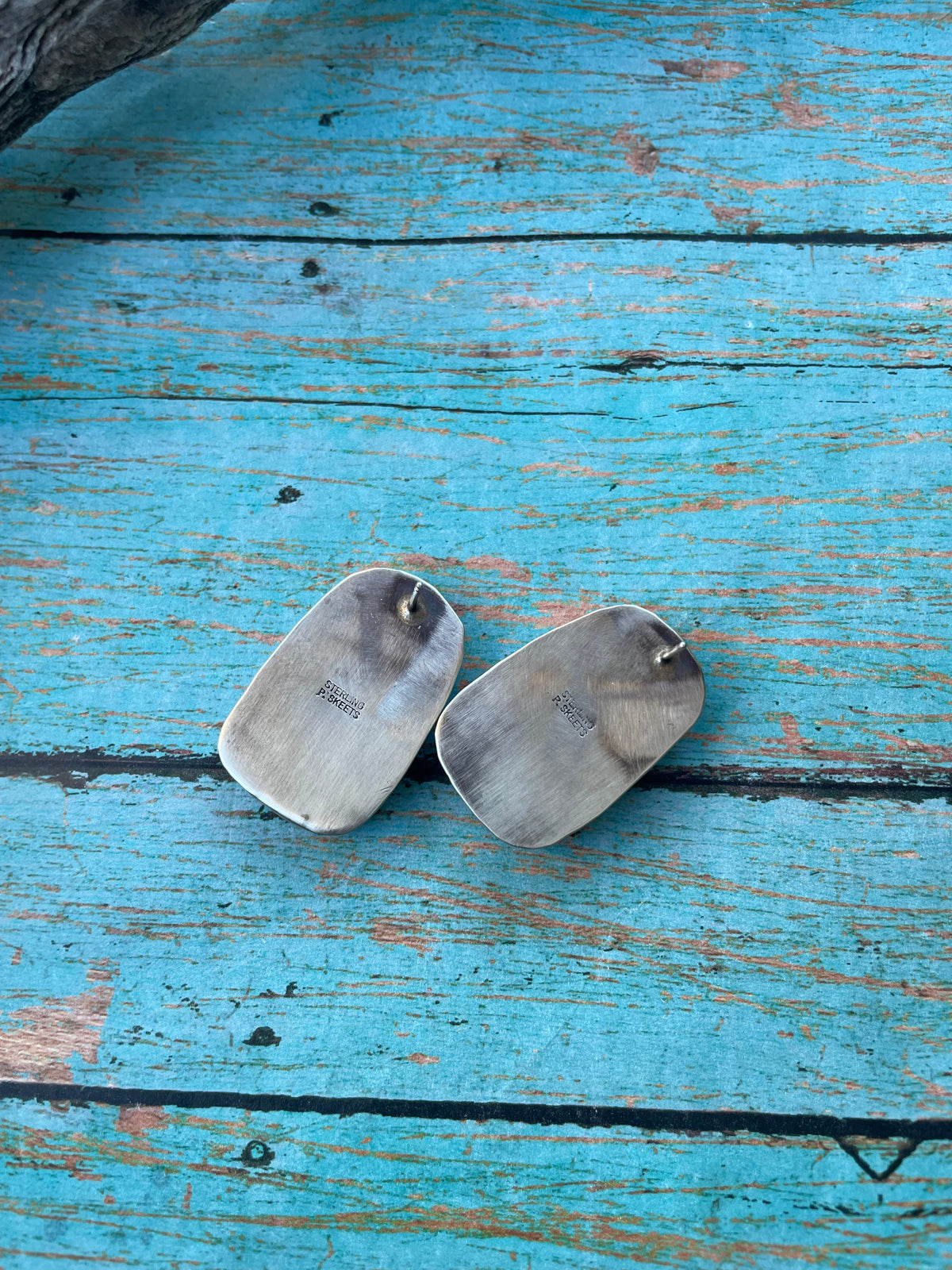 Handcrafted Sterling Silver & Turquoise Post Earrings Signed P Skeets