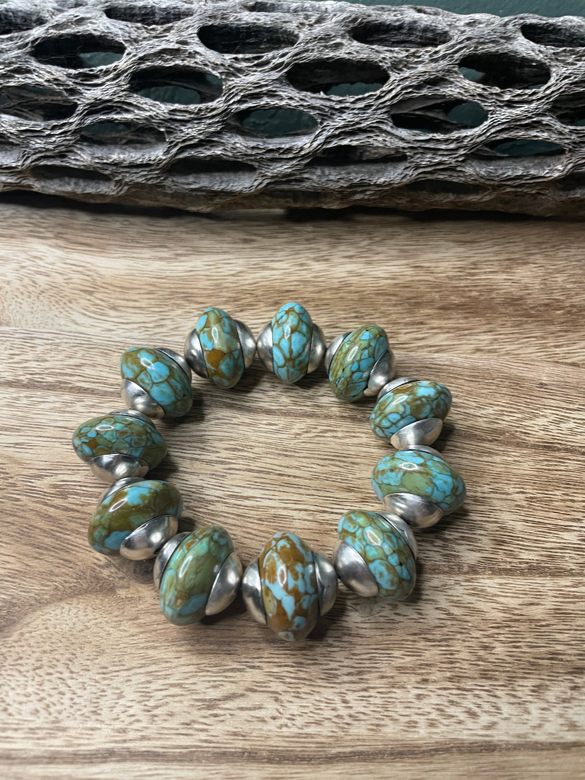 Handcrafted Sterling Silver Stretchy Natural #8 Turquoise Large Beaded Bracelet