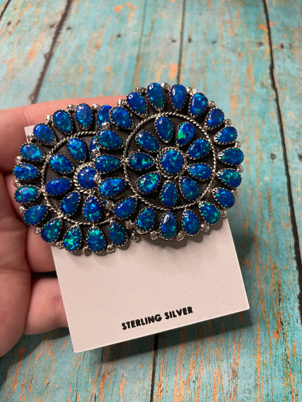 Handcrafted Sterling Silver & Blue Opal Cluster Post Earrings Signed
