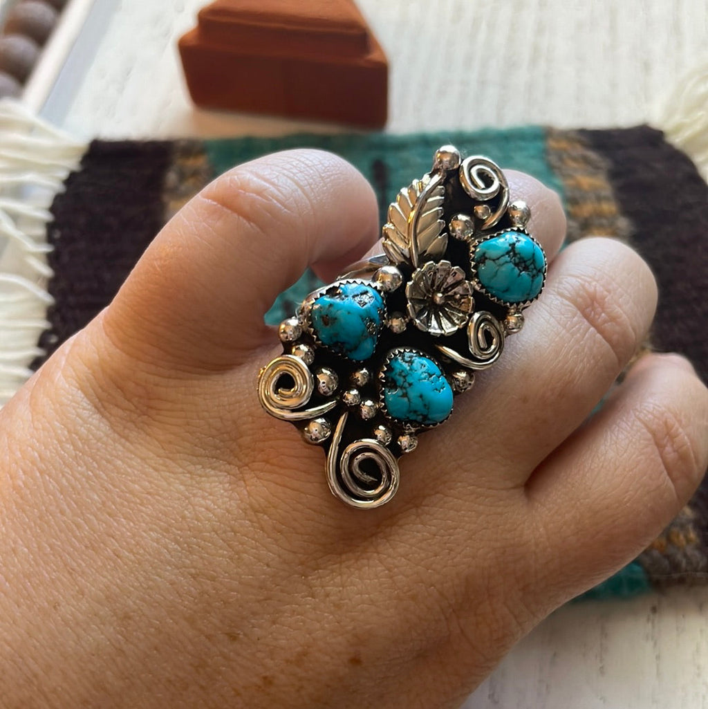 Handcrafted Sterling Silver & Turquoise Flower Ring Size 9