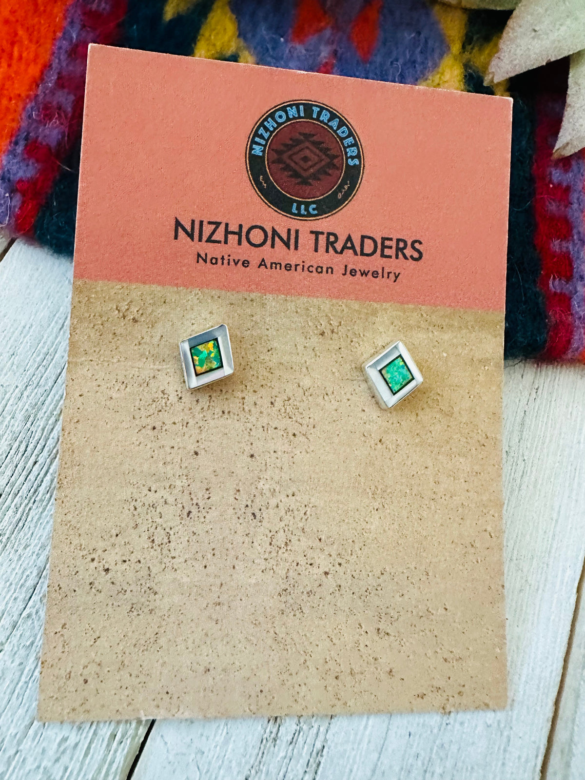 Handcrafted Mother of Pearl Green Opal & Sterling Silver Diamond Inlay Stud Earrings