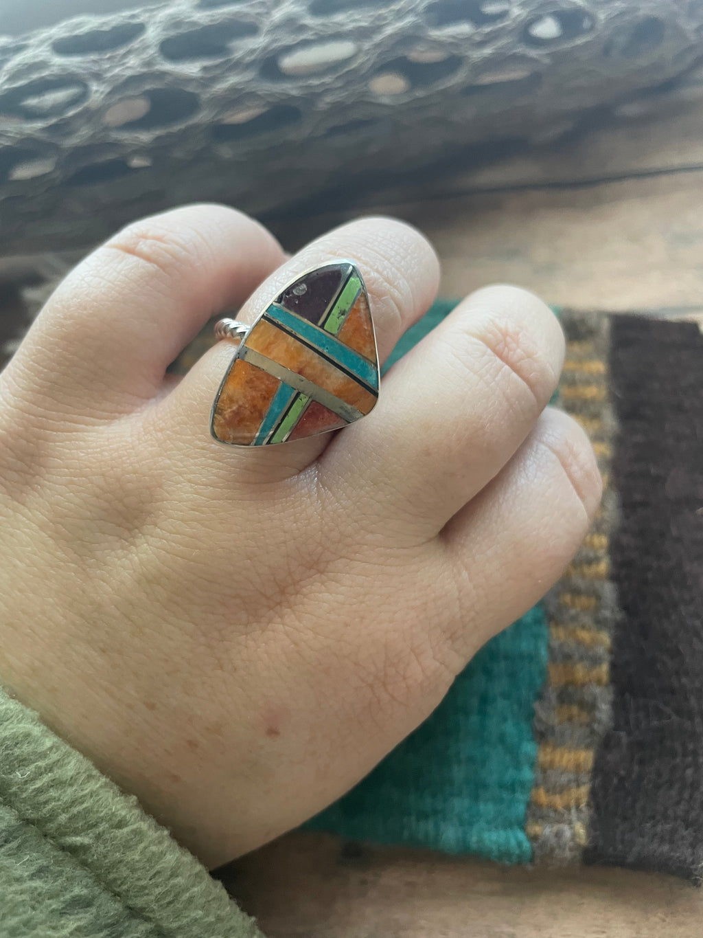 Handcrafted Sterling Silver & Multi Stone Inlay Ring Size 7.5