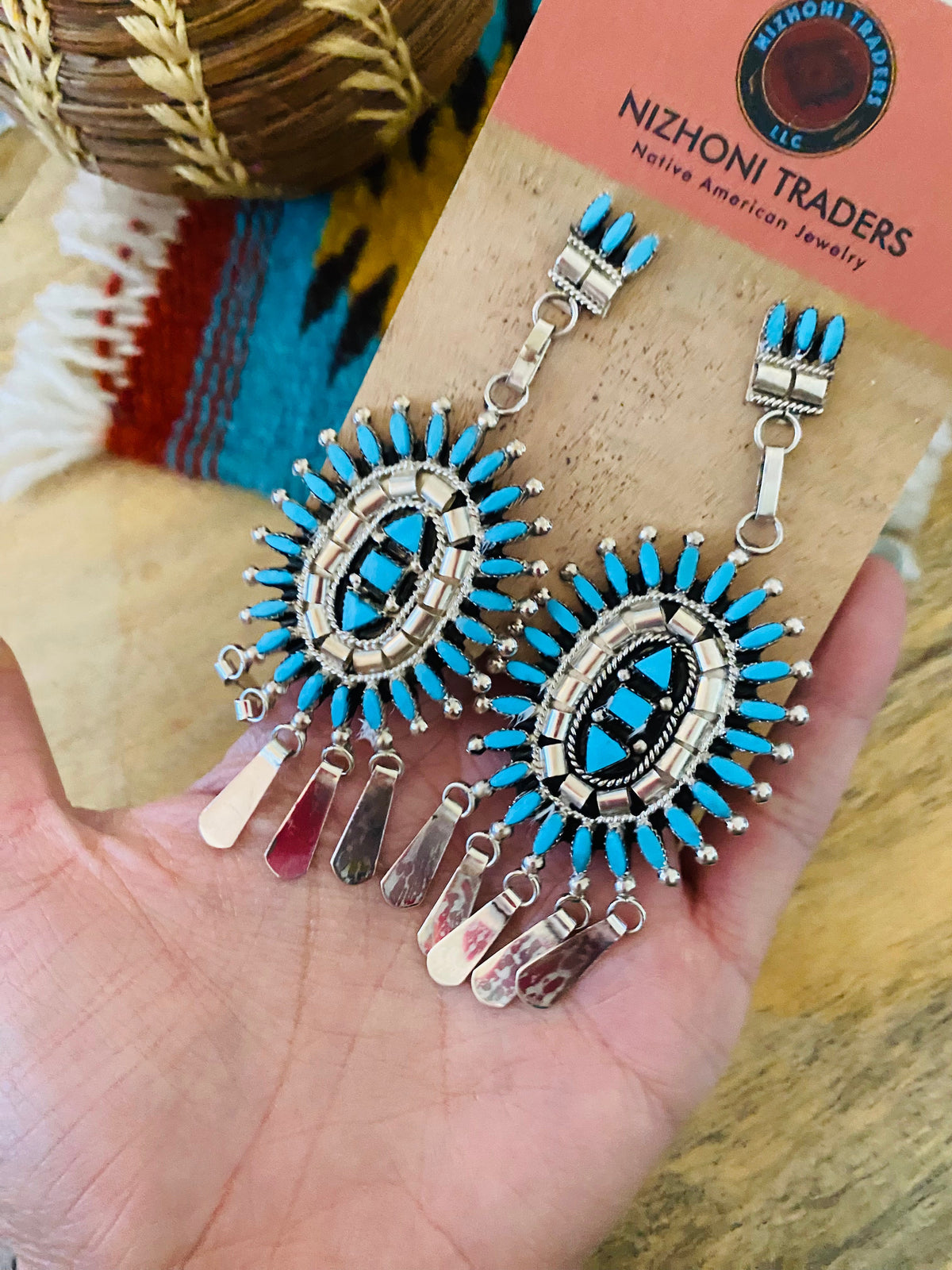 Handcrafted Sterling Silver & Turquoise Cluster Dangle Earrings
