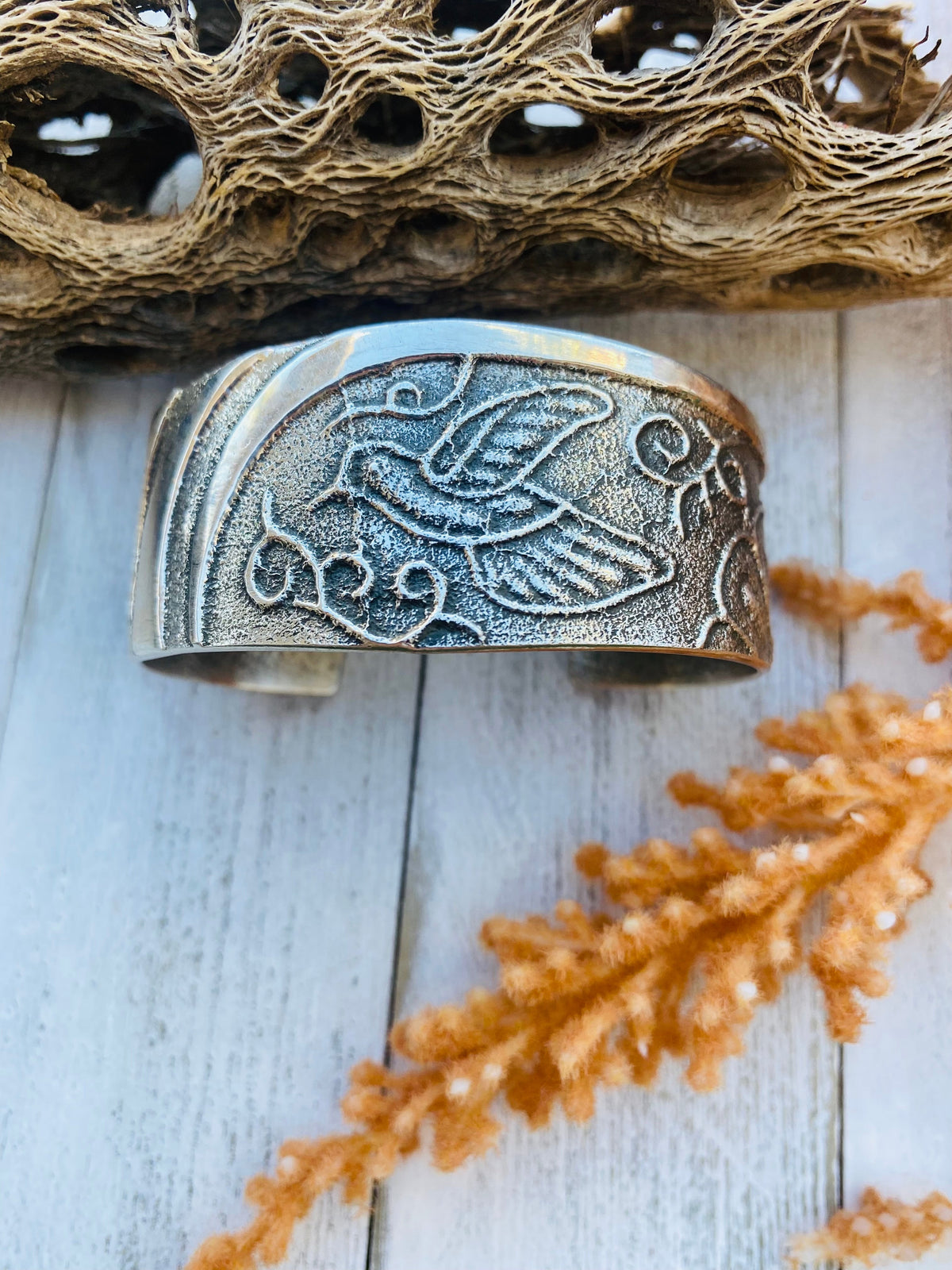 Handcrafted Vintage Sterling Silver Tufa Cast Hummingbird Cuff Bracelet