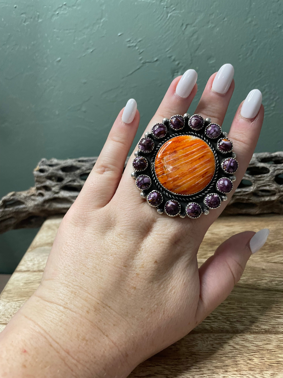 Handcrafted Sterling Silver And Orange And Purple Spiny Adjustable Ring
