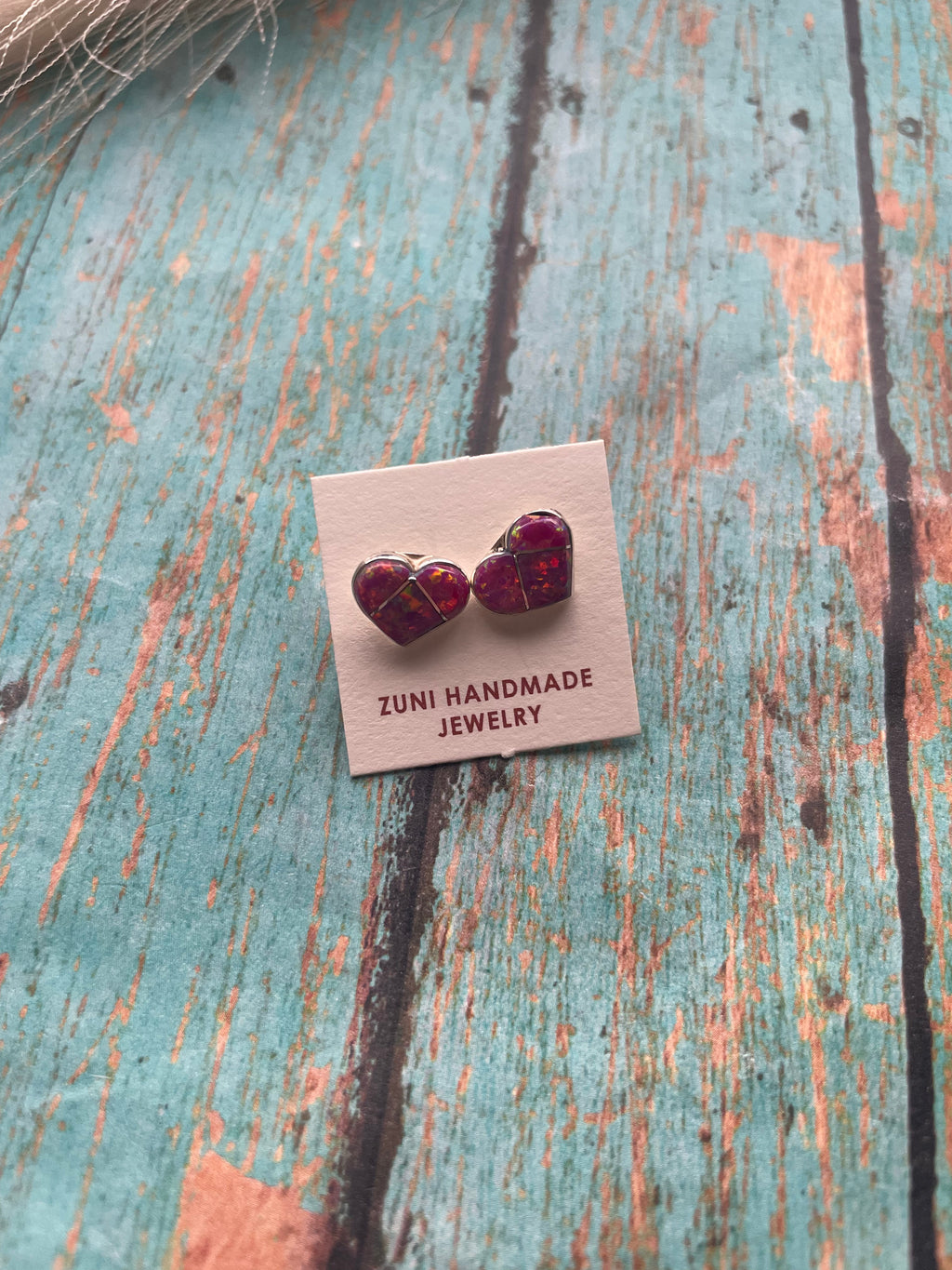Handcrafted Sterling Silver & Pink Opal Inlay Heart Stud Earrings