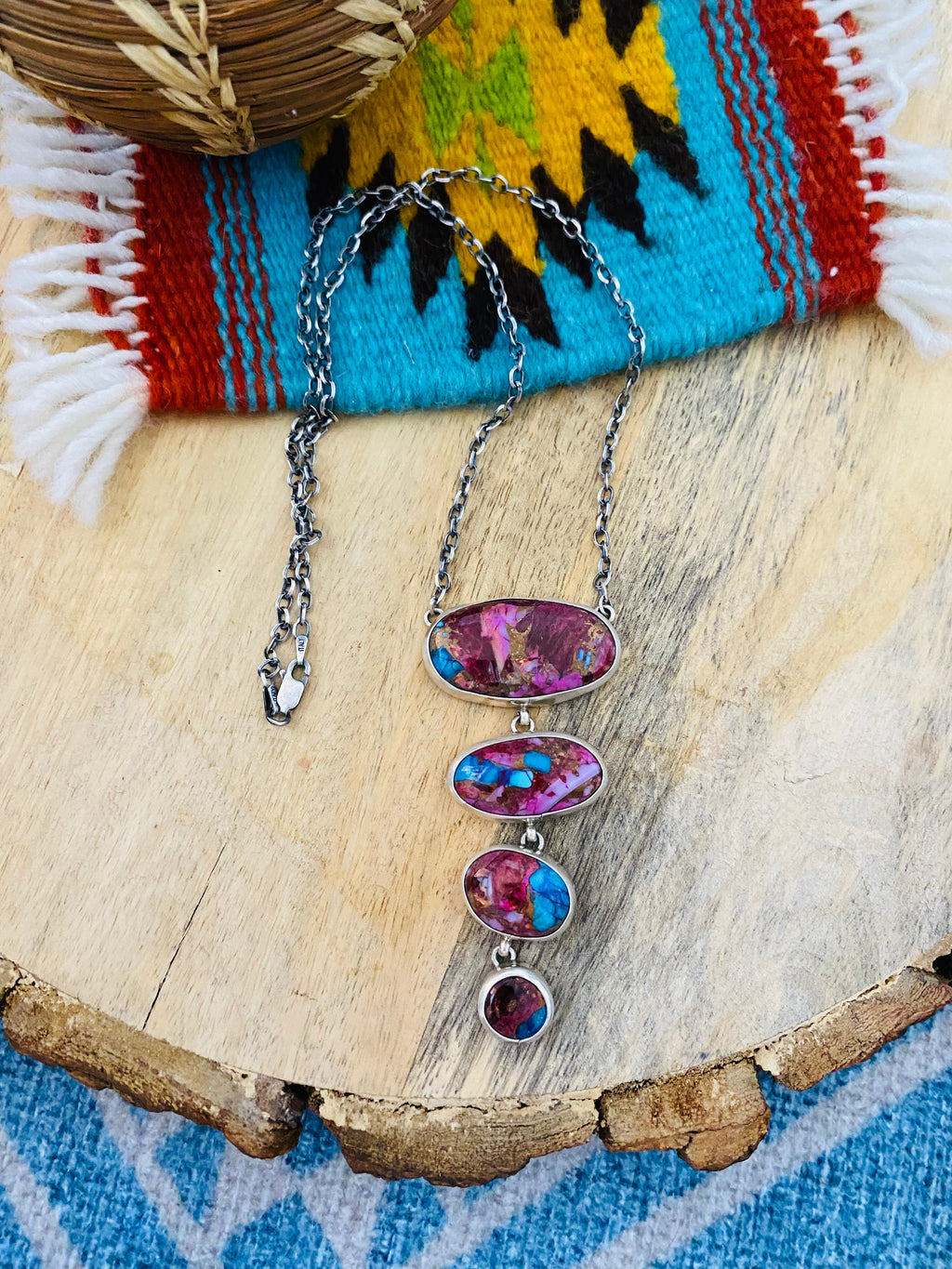 Handcrafted Sterling Silver & Pink Dream Mojave Lariat Necklace Signed