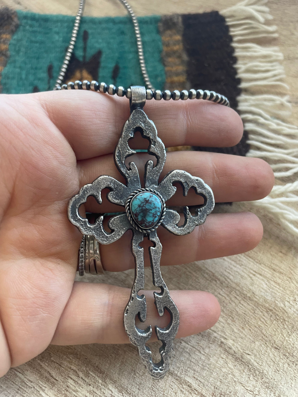 Handcrafted Sterling Silver & Turquoise Cross Pendant Signed Eugene Mitchell