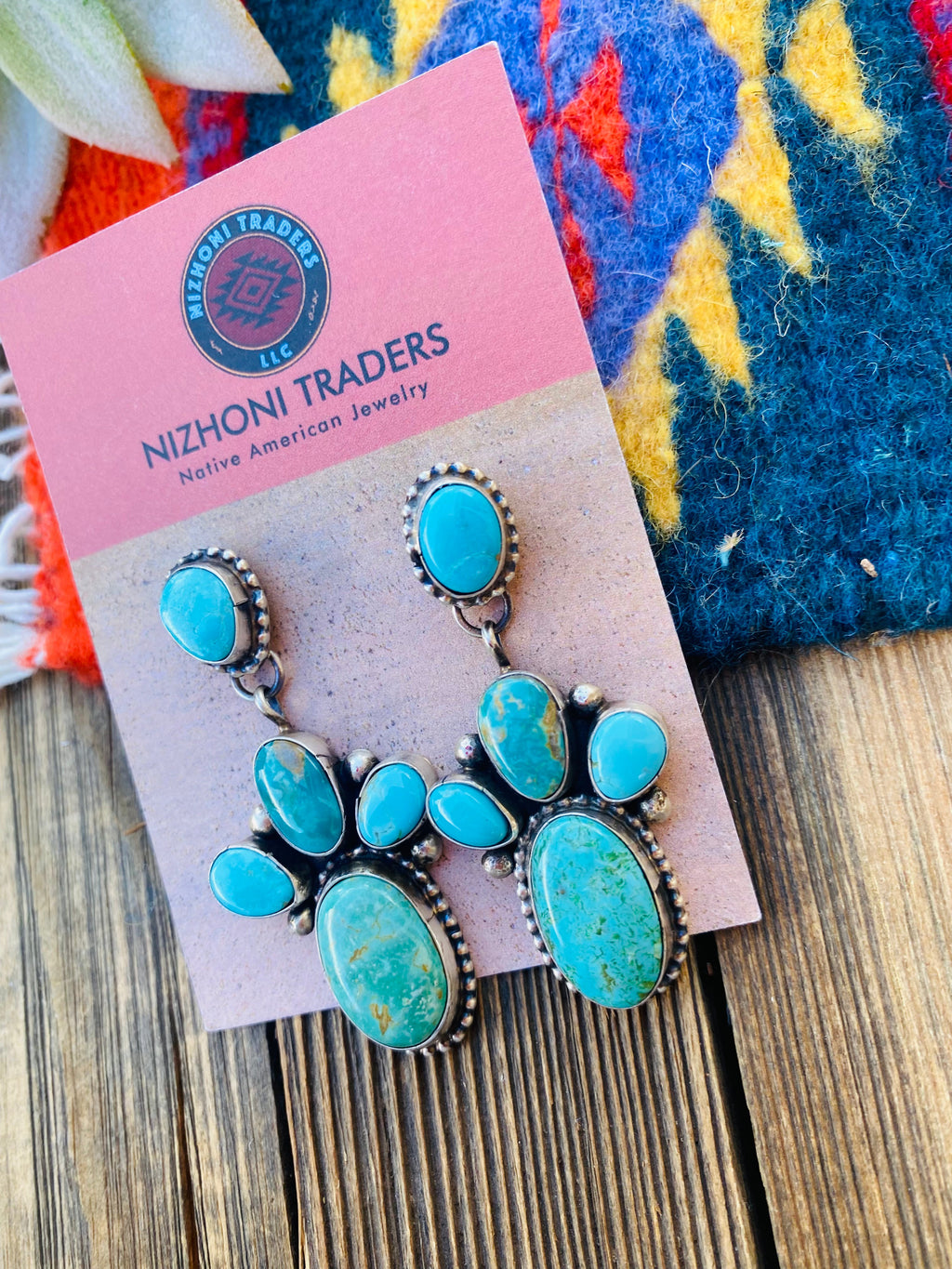 Handcrafted Multi Turquoise & Sterling Silver Cluster Dangle Earrings