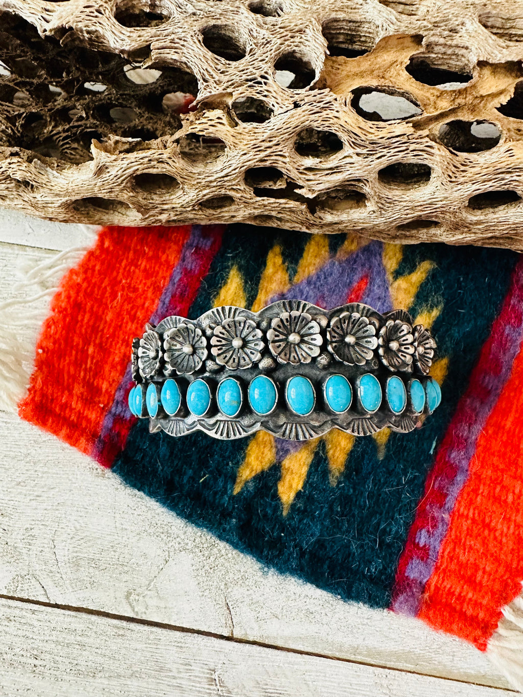 Handcrafted Turquoise & Sterling Silver Flower Cuff Bracelet /