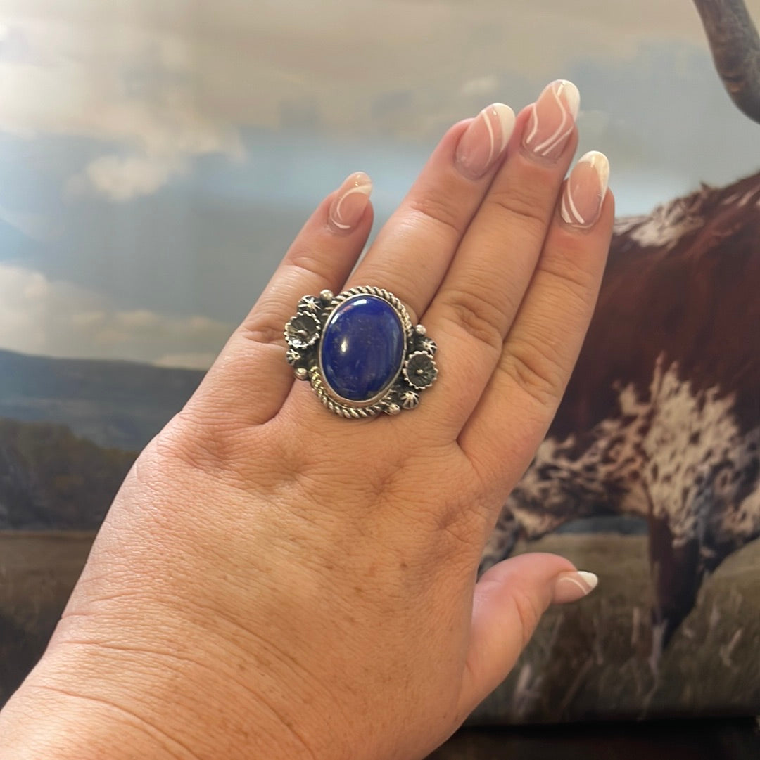 Handcrafted Lapis & Sterling Silver Flower Ring