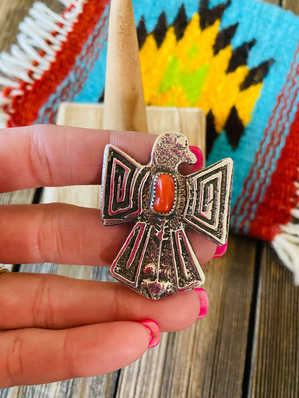 Handcrafted Sterling Silver & Coral Thunderbird Ring