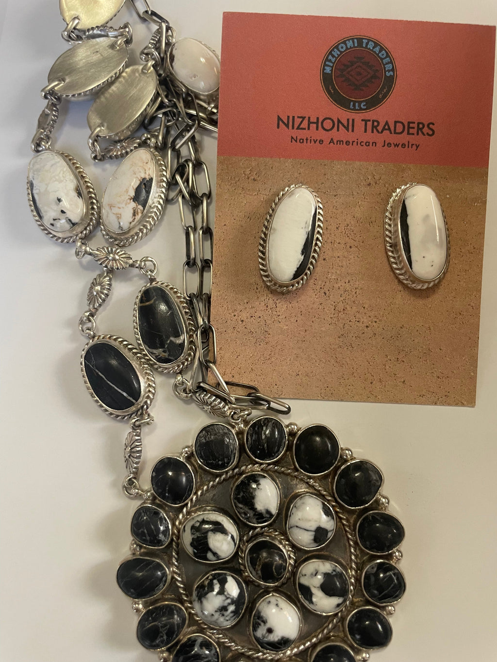 Handcrafted White Buffalo & Sterling Silver Necklace Earrings Set Signed