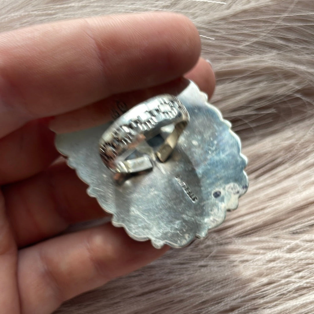 Handcrafted Turquoise & Sterling Silver Ring Size 7.5 Signed Robert Shakey