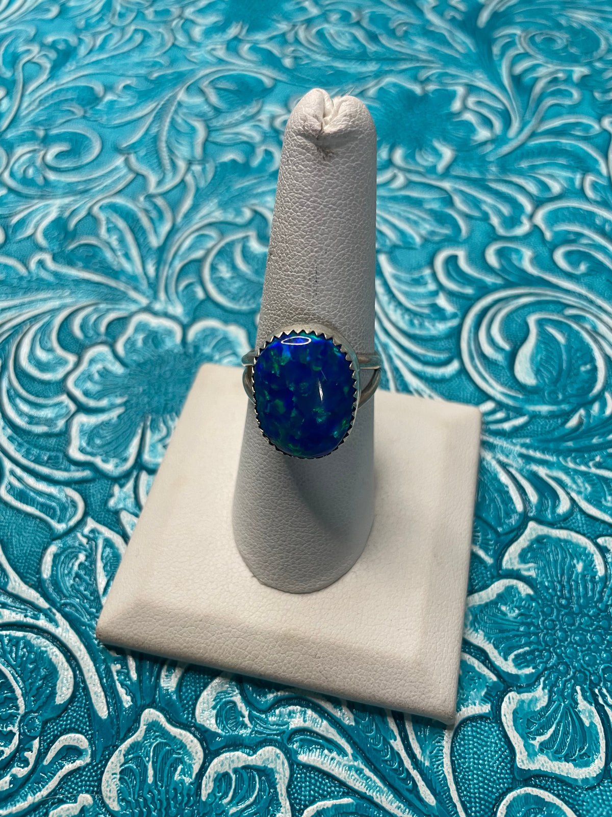Handcrafted  Man Made Sterling Silver & Blue Opal Ring Signed
