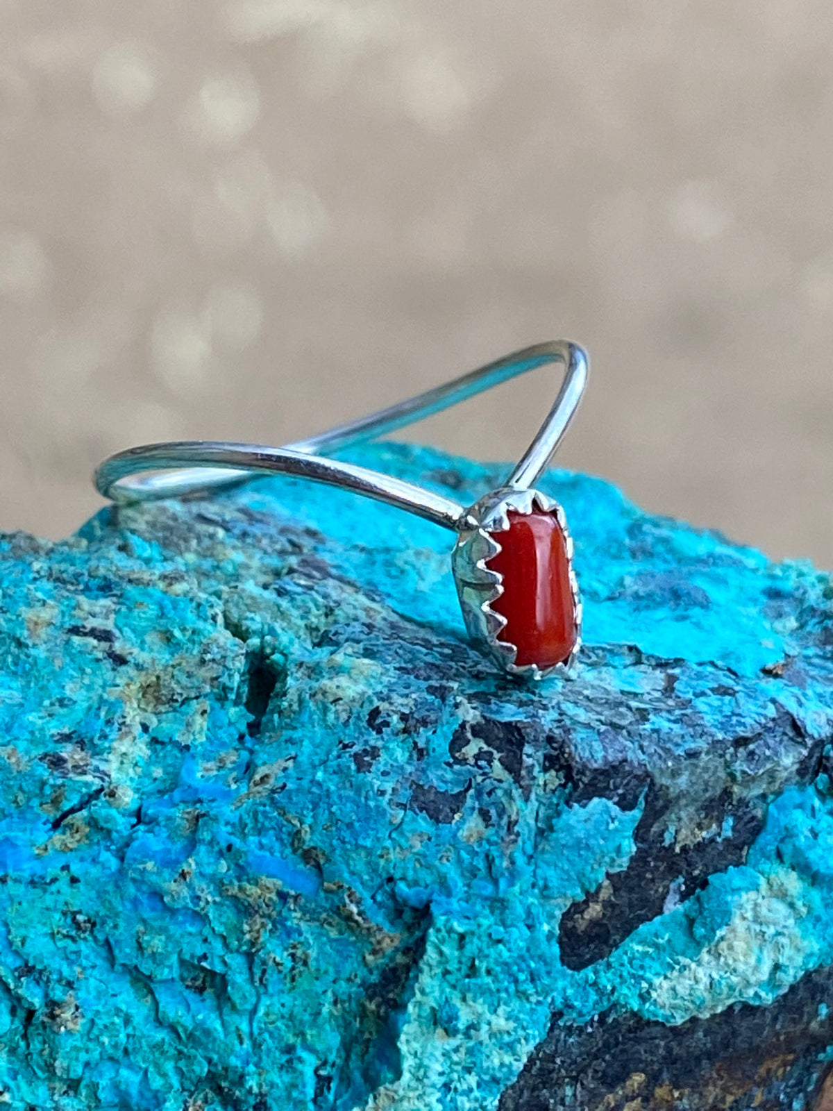Handcrafted Natural Coral & Sterling Silver V Ring