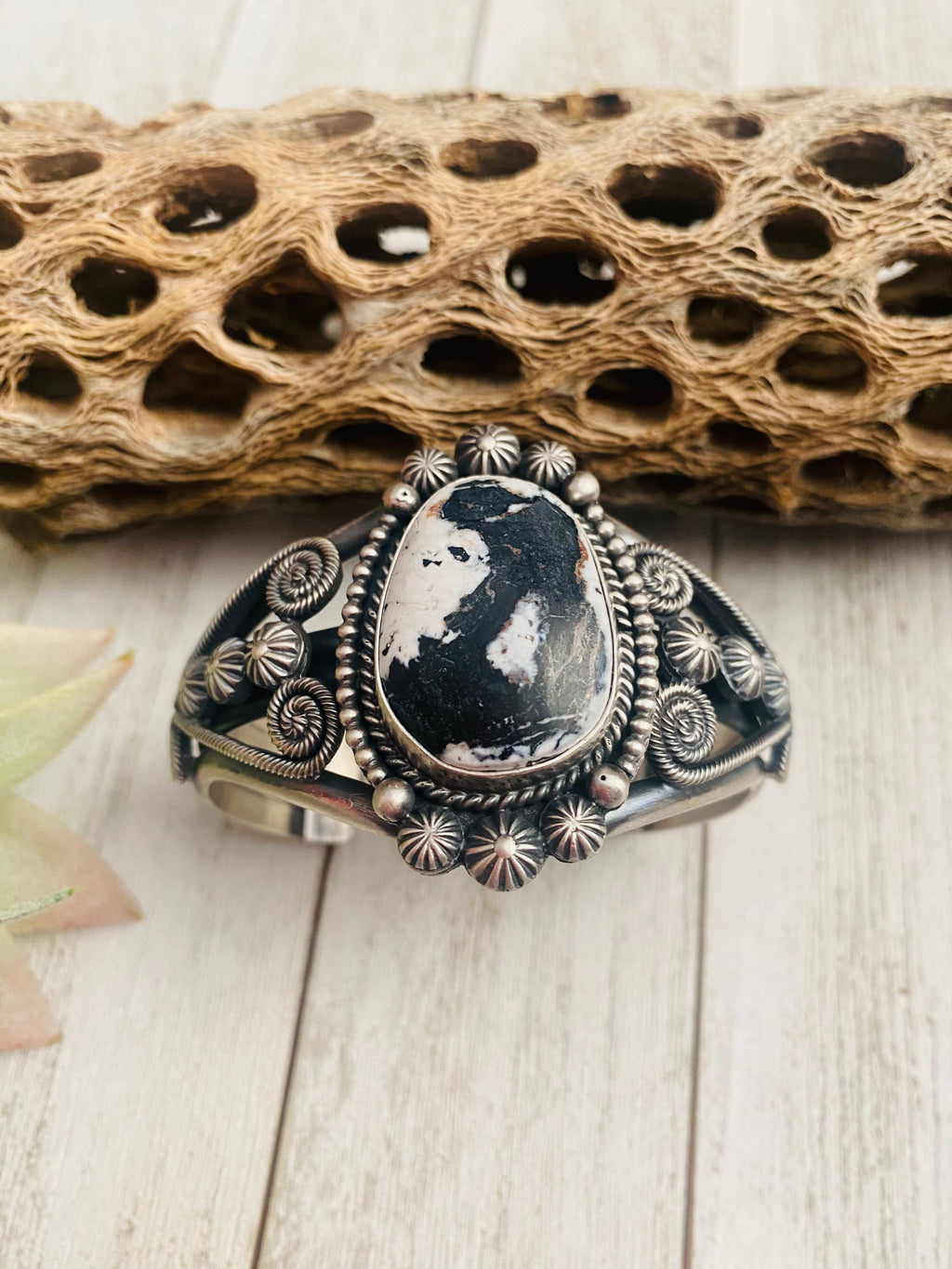 White Buffalo & Sterling Silver Cuff Bracelet Signed /