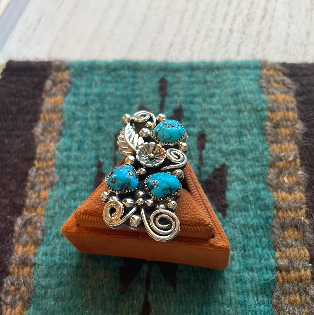 Handcrafted Sterling Silver & Turquoise Flower Ring Size 9