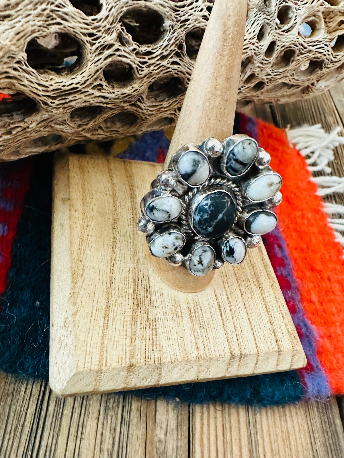 Handcrafted Sterling Silver And White Buffalo Cluster Adjustable Ring
