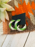 Handcrafted Handmade Beaded Hoop Earrings- green/white