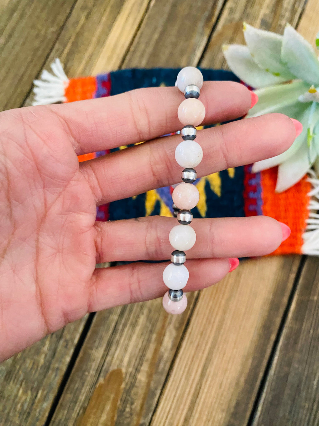 Handcrafted Queen Pink Conch Shell & Sterling Silver Beaded Bracelet