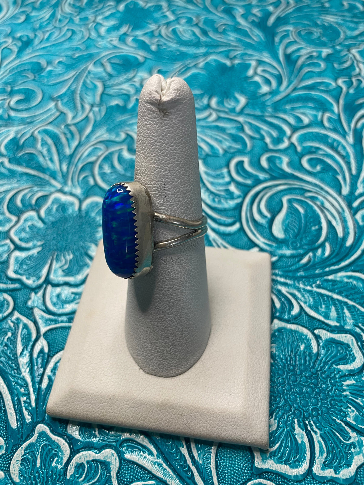 Handcrafted  Man Made Sterling Silver & Blue Opal Ring Signed