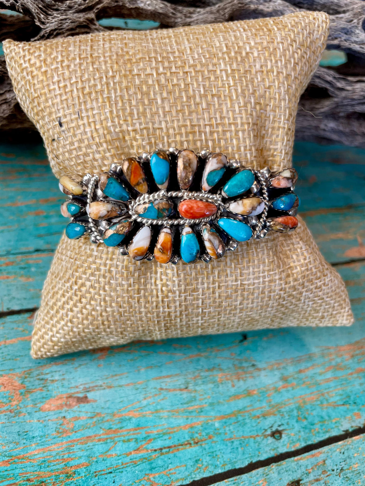Handcrafted Spice Mojave And Sterling Silver Cluster Adjustable Cuff Bracelet