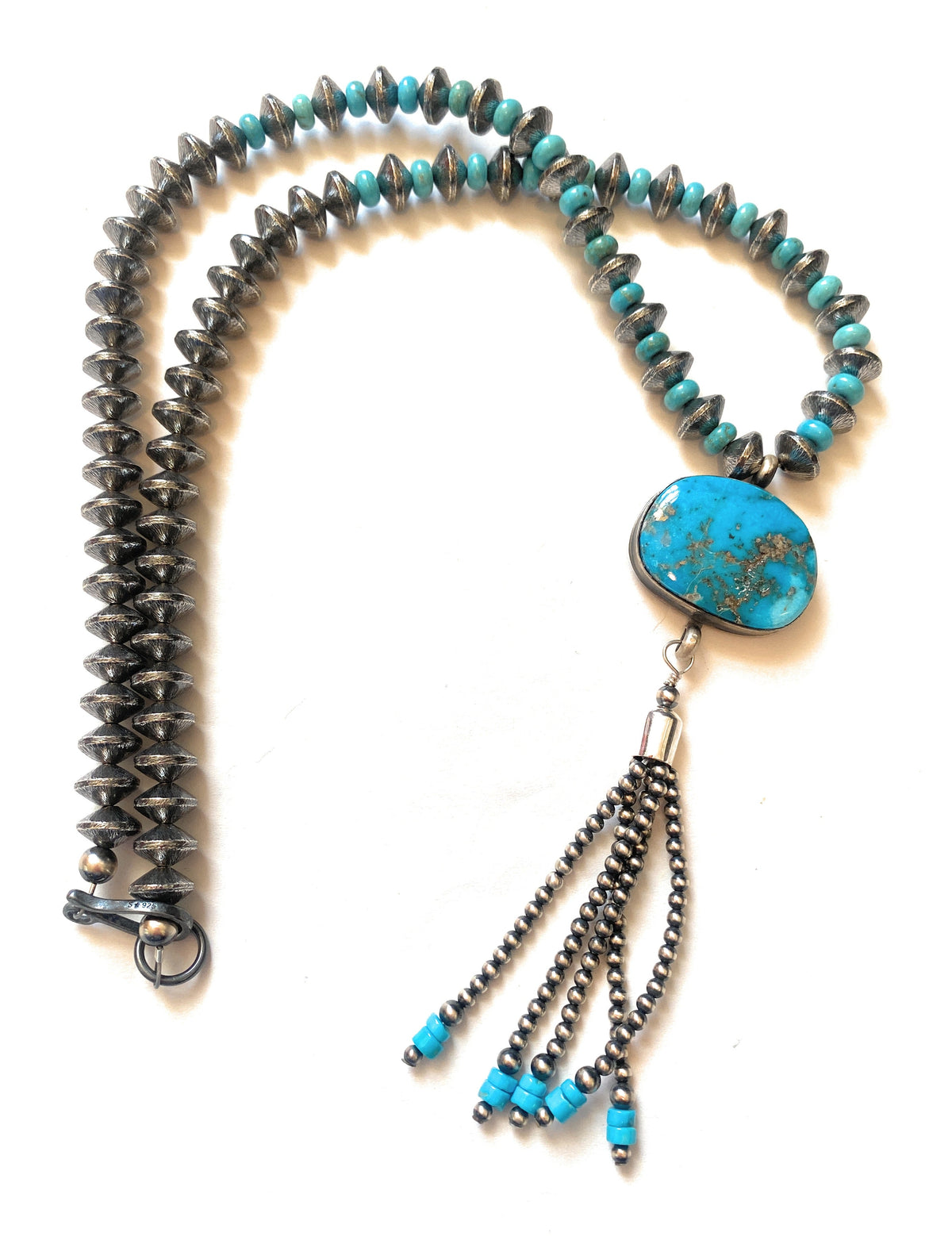 Handcrafted Turquoise & Sterling Silver Pearl Beaded Tassel Necklace