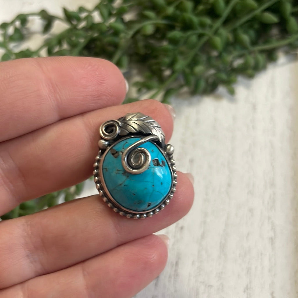 Handcrafted Turquoise & Sterling Silver Feather Ring Signed Size 7.25
