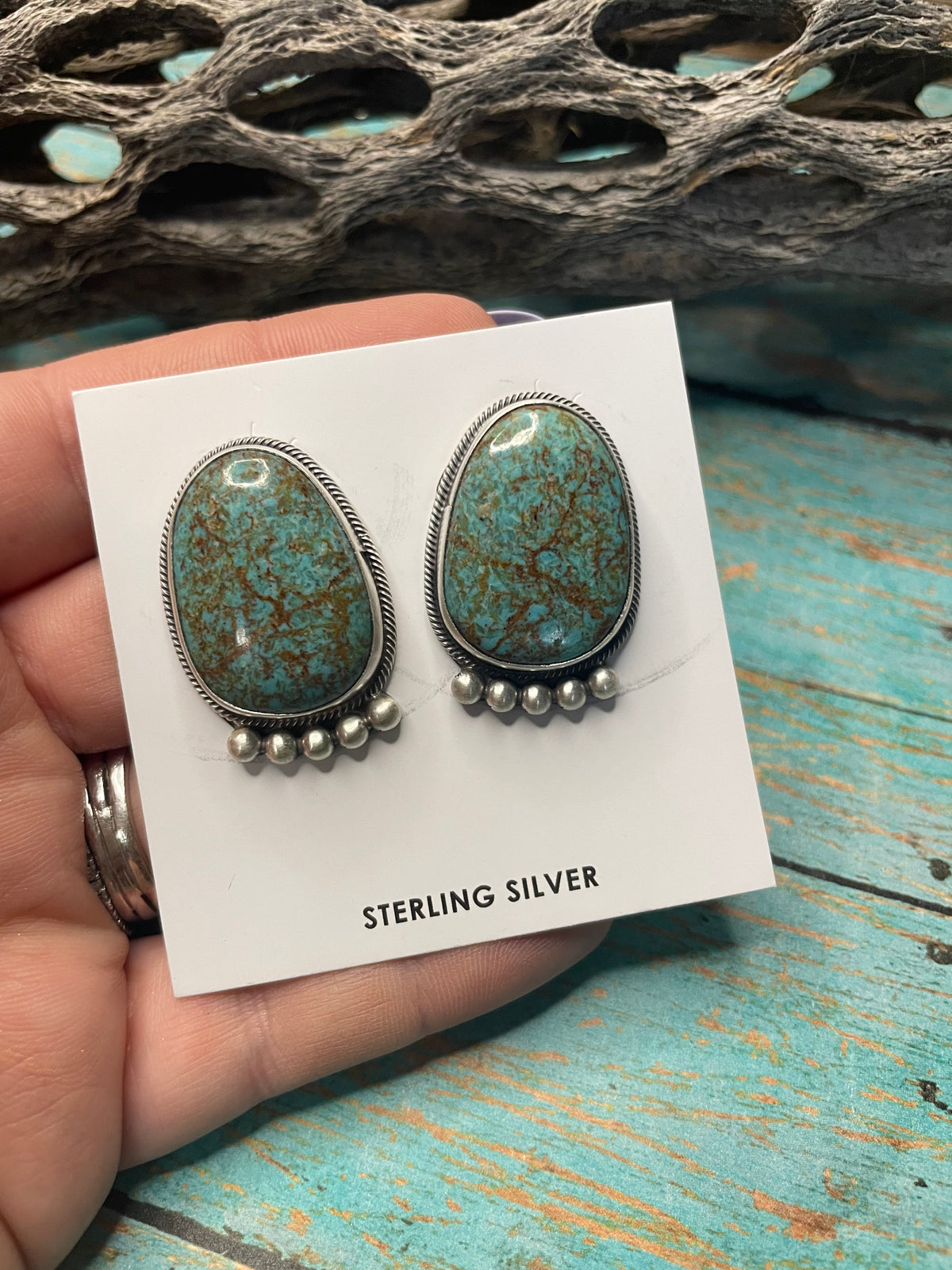 Handcrafted Turquoise And Sterling Silver Post Earrings Signed
