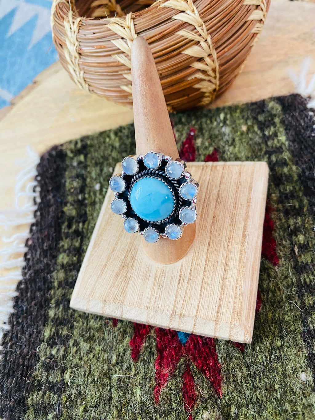 Handmade Sterling Silver, Larimar & Moon Stone Cluster Adjustable Ring