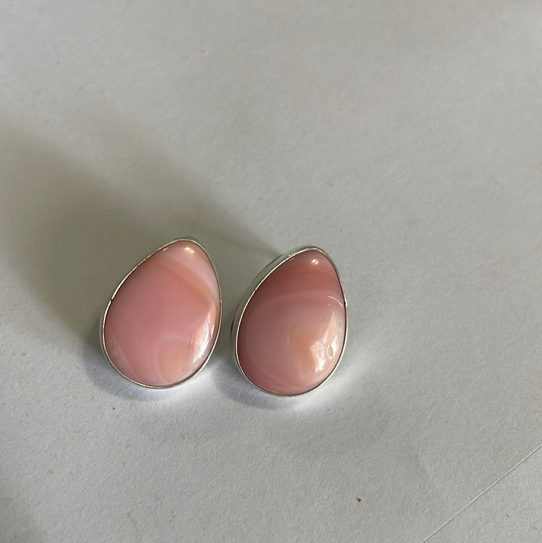 Handcrafted Sterling Silver &  Pink Conch Tear Drop Stud Earrings Signed