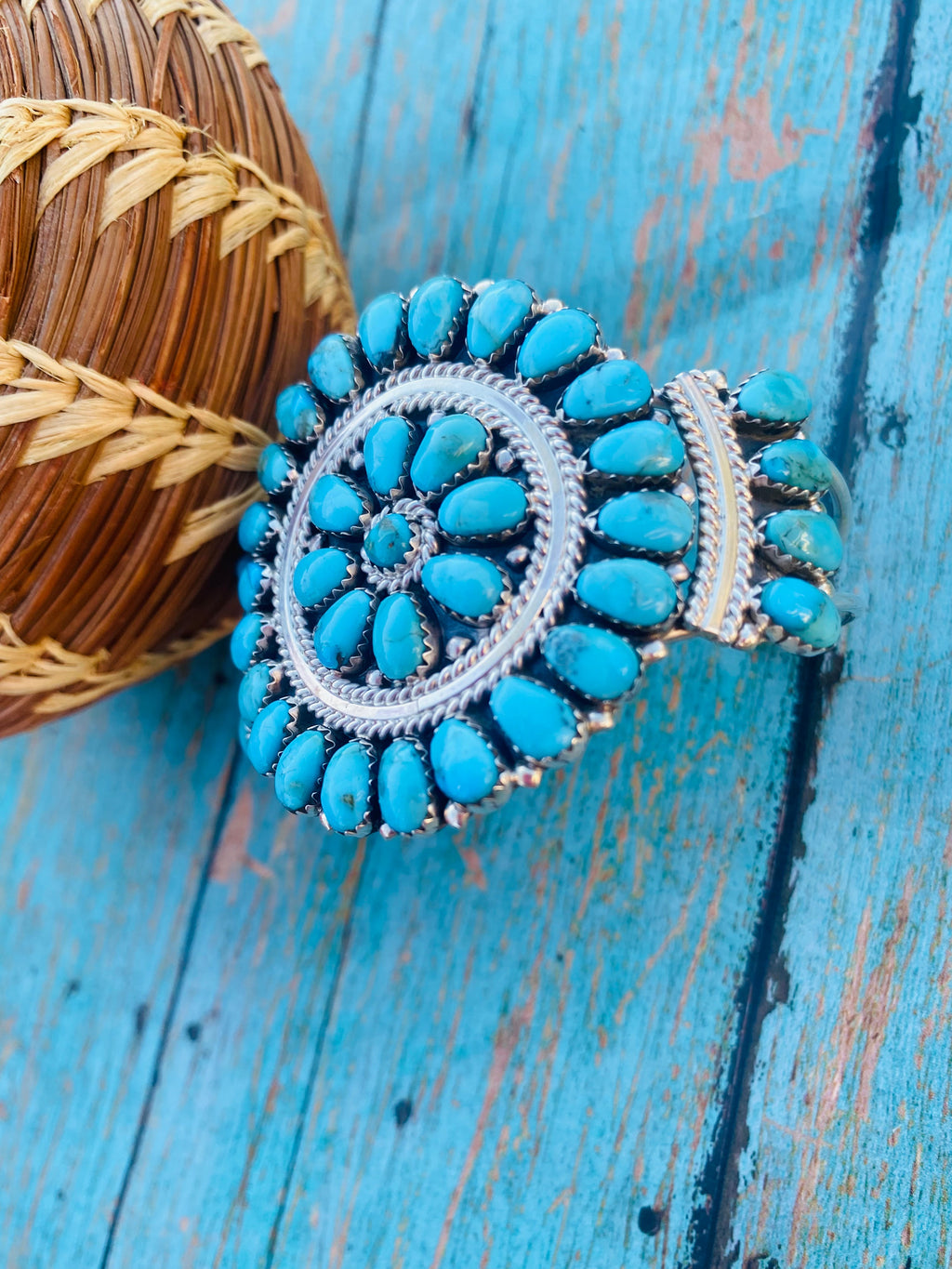 Handcrafted Kingman Turquoise & Sterling Silver Cluster Bracelet Cuff