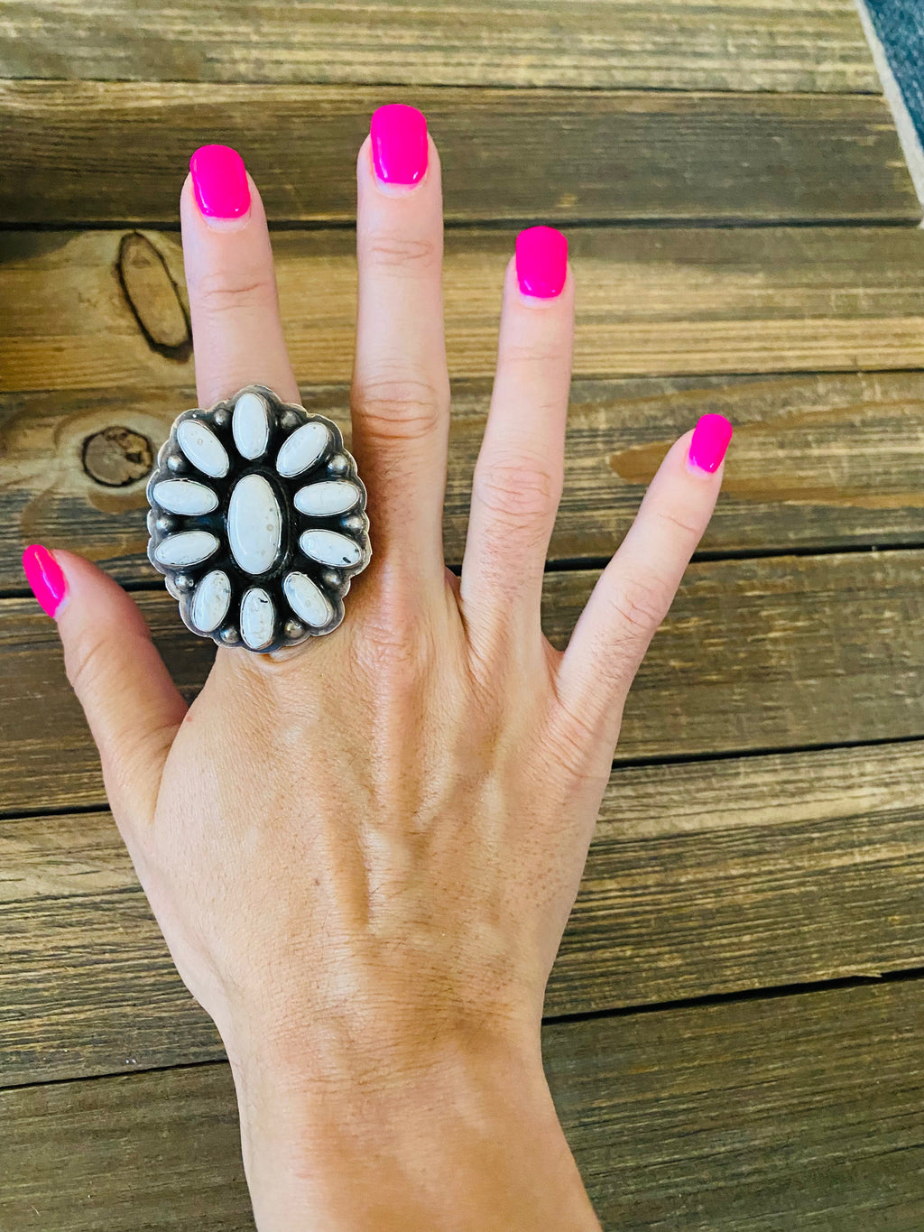 Handcrafted Sterling Silver And White Buffalo Cluster Adjustable Ring