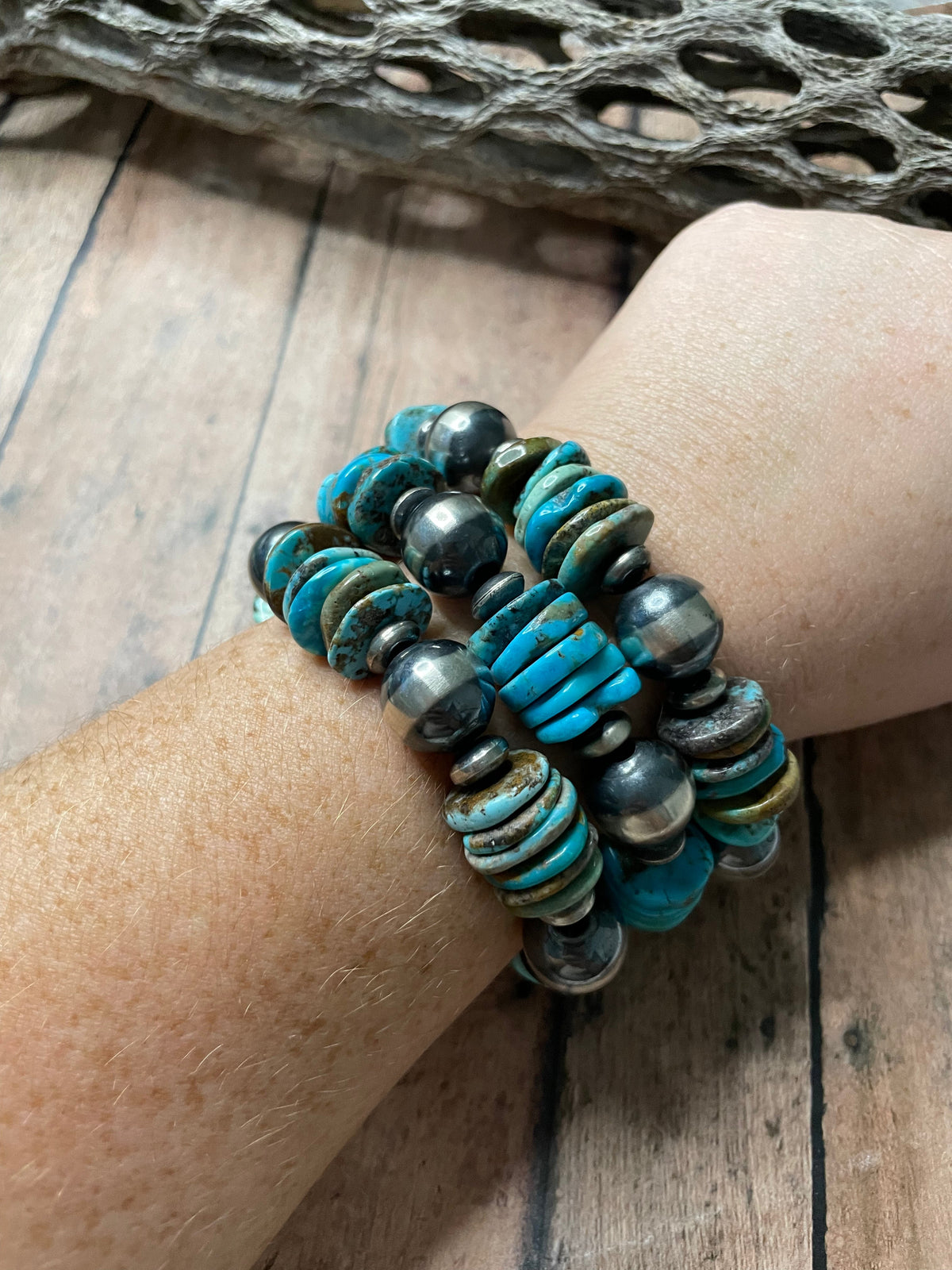 Handcrafted Sterling Silver Stretchy Natural #8 Turquoise Beaded Bracelet