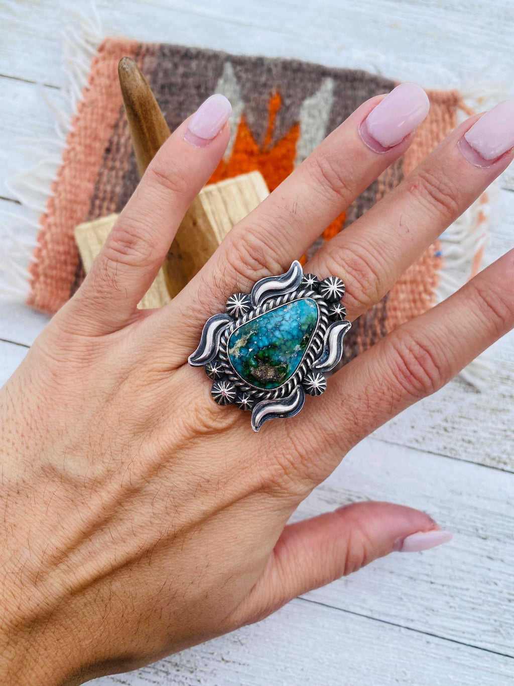 Handcrafted Kingman Web Turquoise & Sterling Silver Ring Size 6