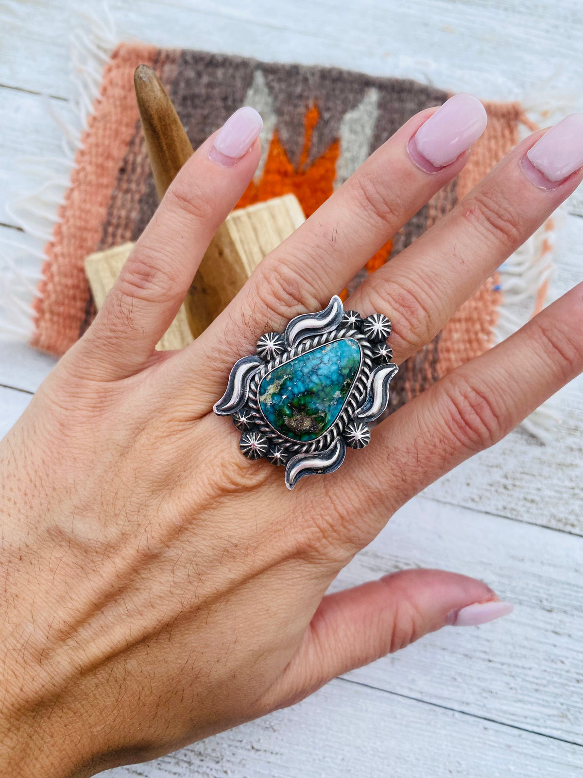Handcrafted Kingman Web Turquoise & Sterling Silver Ring Size 6