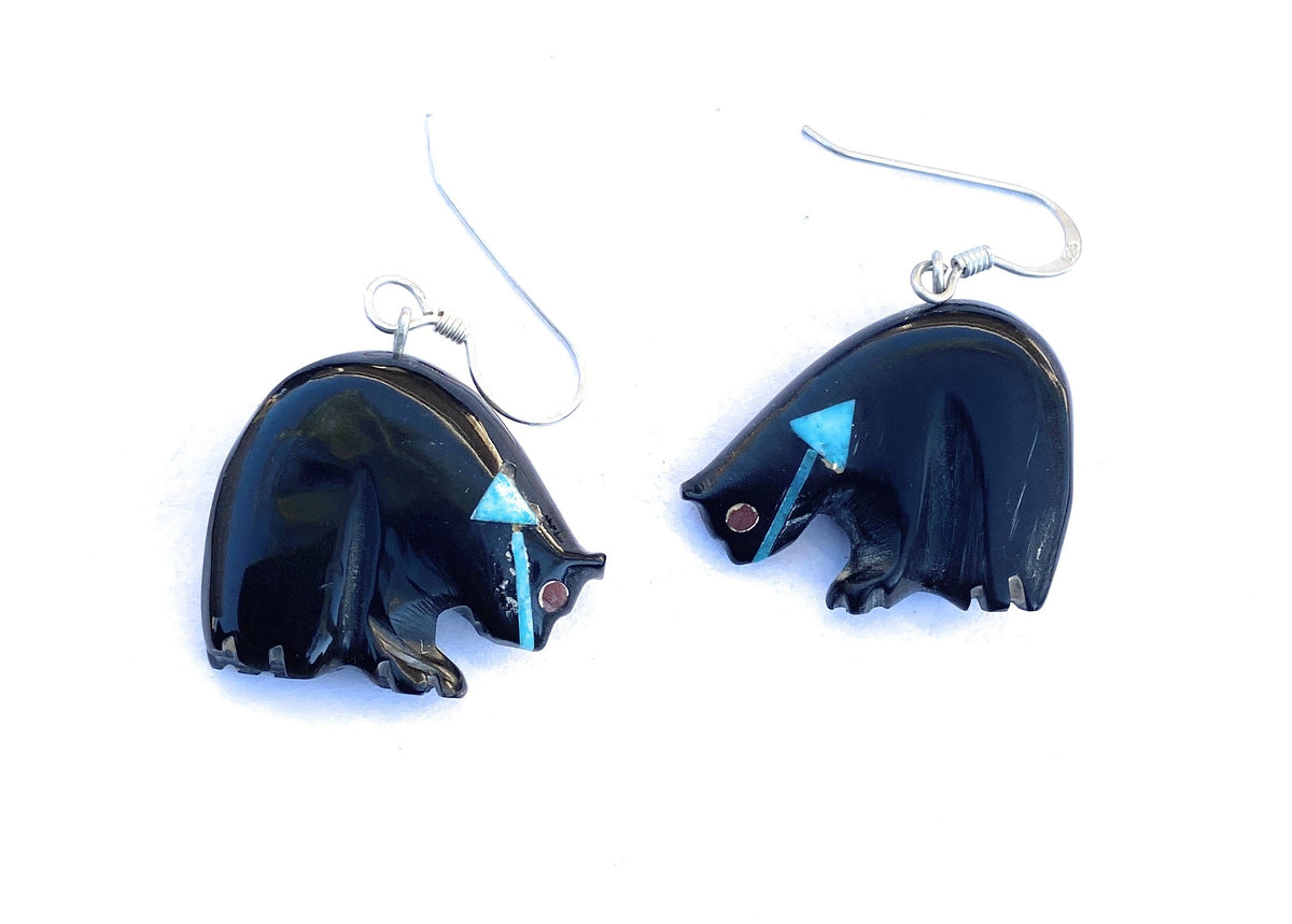 Handcrafted Vintage Jet & Turquoise Fetish Bear Dangle Earrings