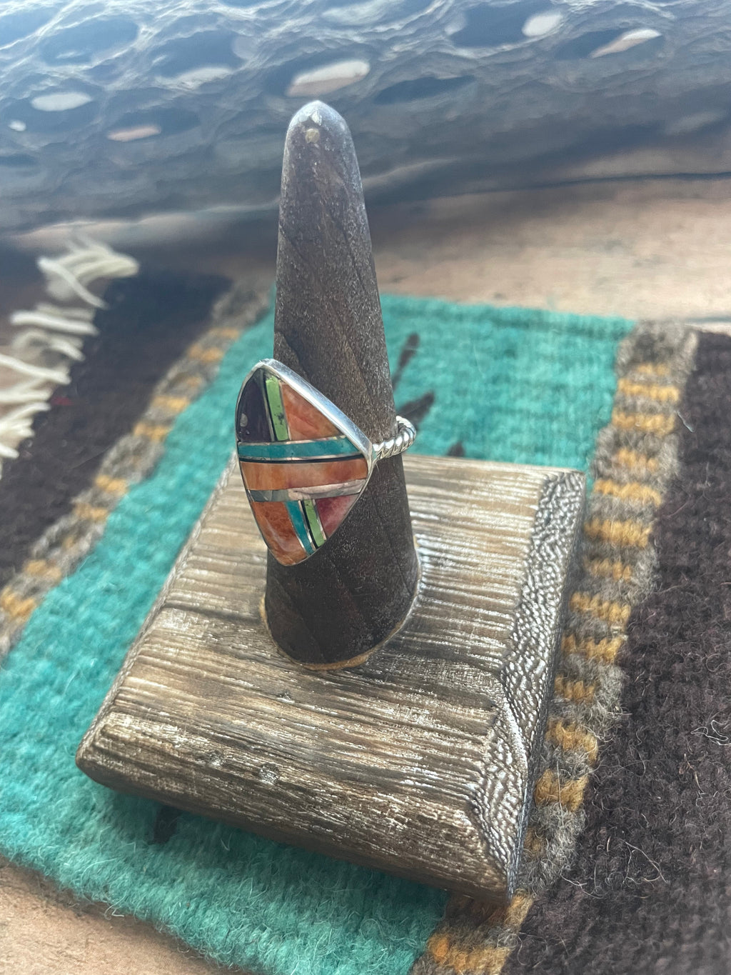 Handcrafted Sterling Silver & Multi Stone Inlay Ring Size 7.5