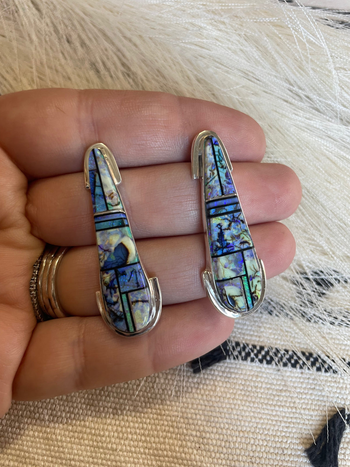 Handcrafted Blue Opal Inlay & Sterling Silver Dangle Earrings Signed VS