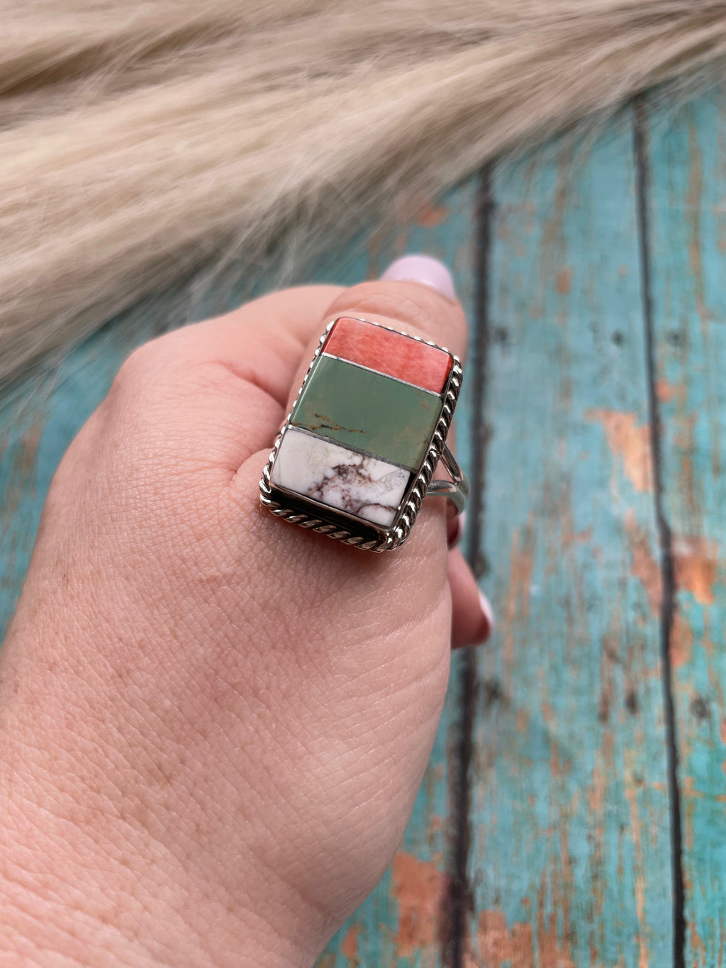 Handcrafted Sterling Silver Multi Stone Ring Signed Size 14