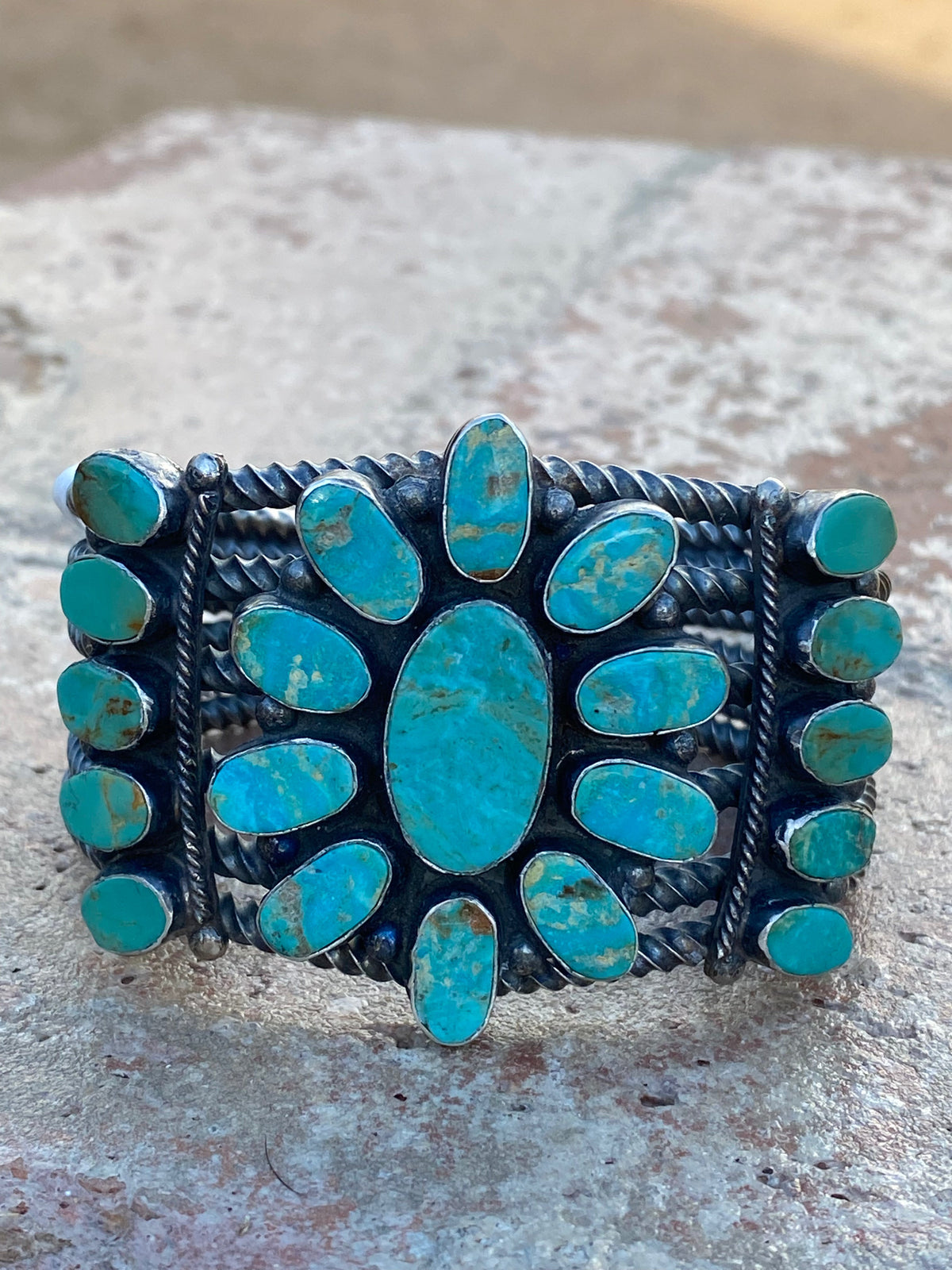 Handcrafted Jacqueline Silver Royston Turquoise & Sterling Cluster Cuff /