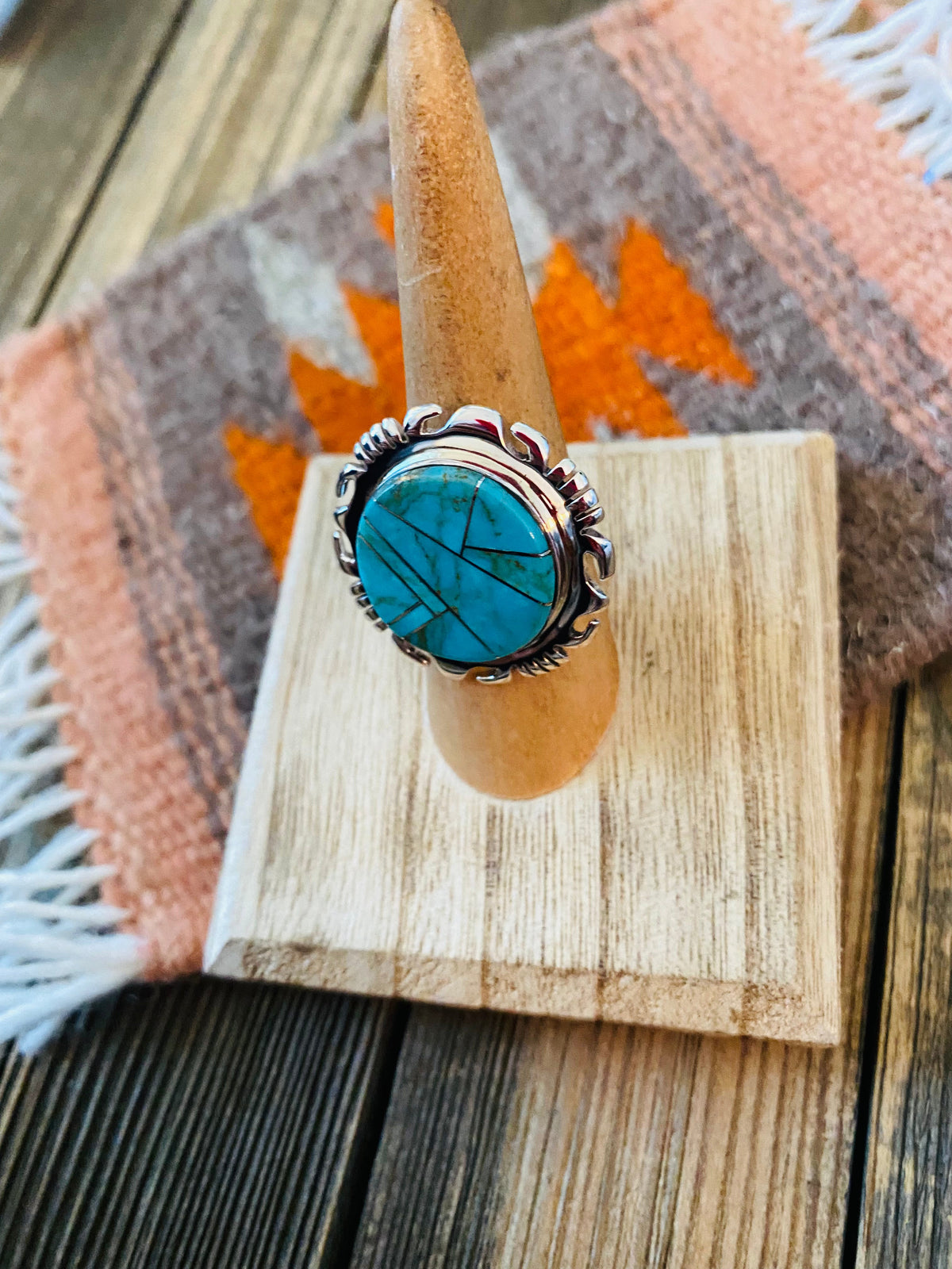 Handcrafted Sterling Silver & Turquoise Inlay Ring Size 6.5
