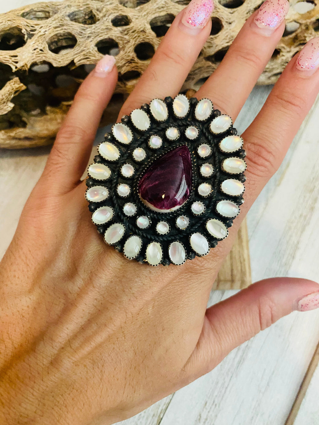 Handcrafted Sterling Silver, Mother of Pearl & Purple Spiny Cluster Adjustable Ring