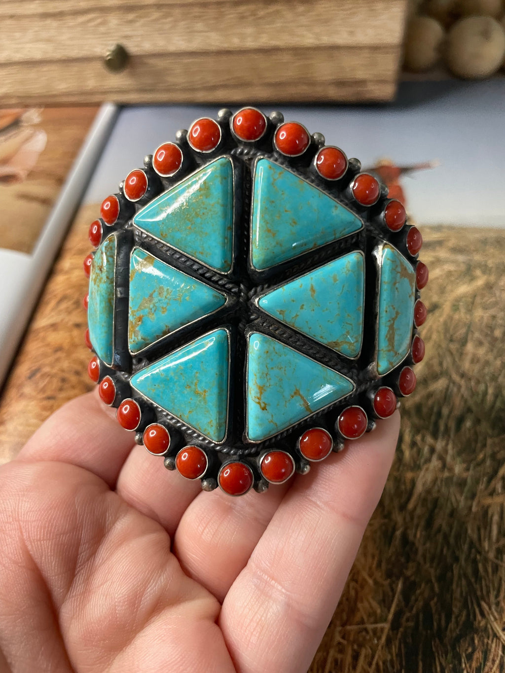 Anthony Skeets Handcrafted Turquoise, Coral & Sterling Silver Cuff Bracelet Signed /