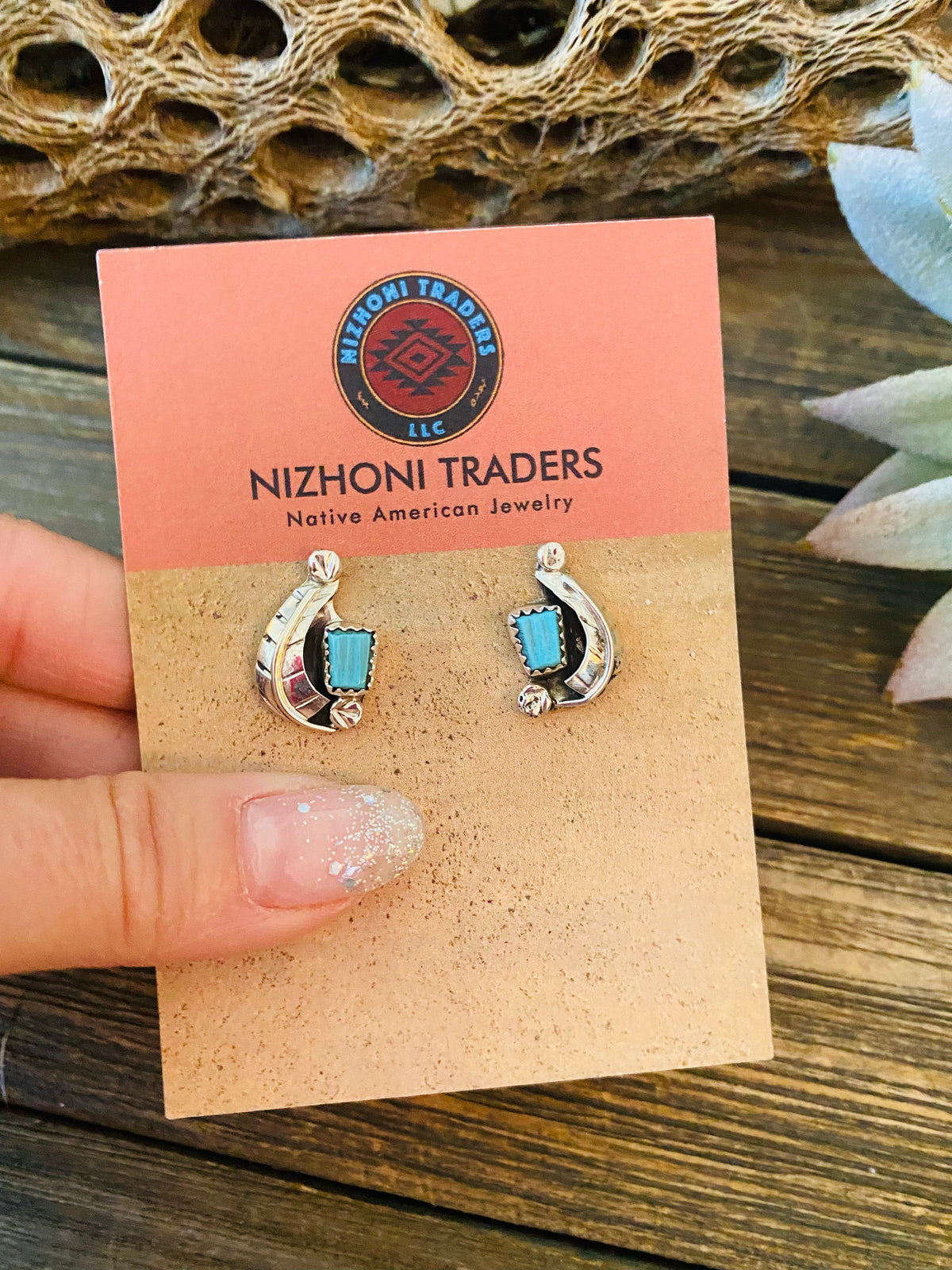 Handcrafted Sterling Silver & Turquoise Feather Stud Earrings Signed